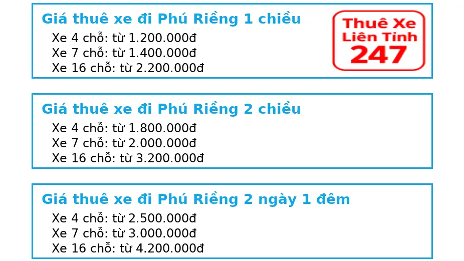 Bảng giá thuê xe đi Phú Riềng Bình Phước tại Thuê Xe Liên Tỉnh 247