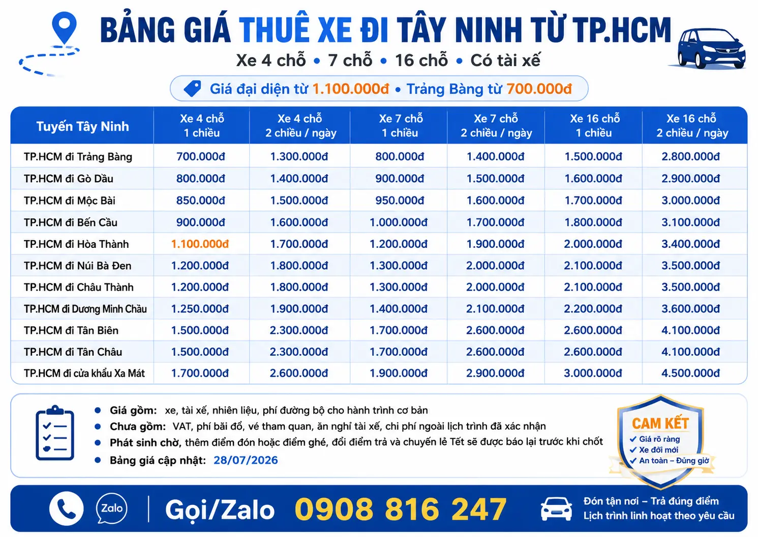 Bảng giá thuê xe đi Tây Ninh từ TP.HCM xe 4 chỗ 7 chỗ 16 chỗ